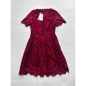 NWT Merokeety Lace Cocktail Dress Womens Size M Burgundy Short Sleeve A-Line